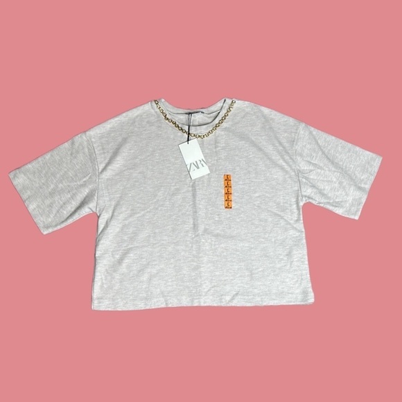 NWT Zara Women’s Oversized Sweater Short Sleeve Tee with Necklace Beige Sz Large - Picture 1 of 10